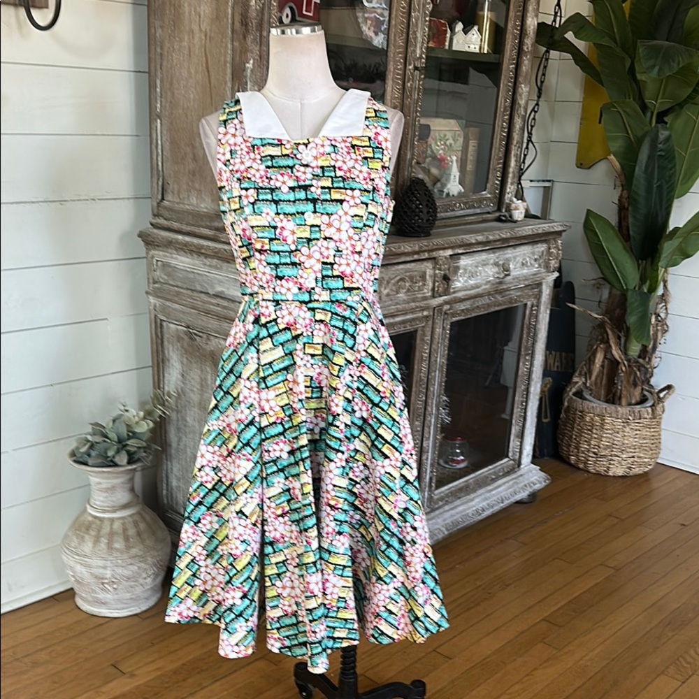 ORCHID BLOOM 21280 Green with Pink Floral Swing Dress 8 NEW POCKETS PIN UP